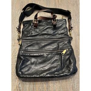 Vintage Fossil Explorer Black Leather Foldover Satchel Crossbody Bag